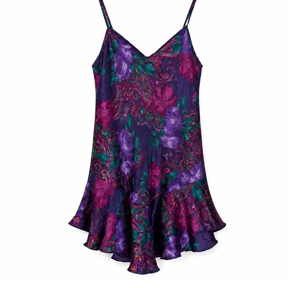 California Dynasty Vintage Paisley Floral Slip Dress Womens Size S Purple Satin